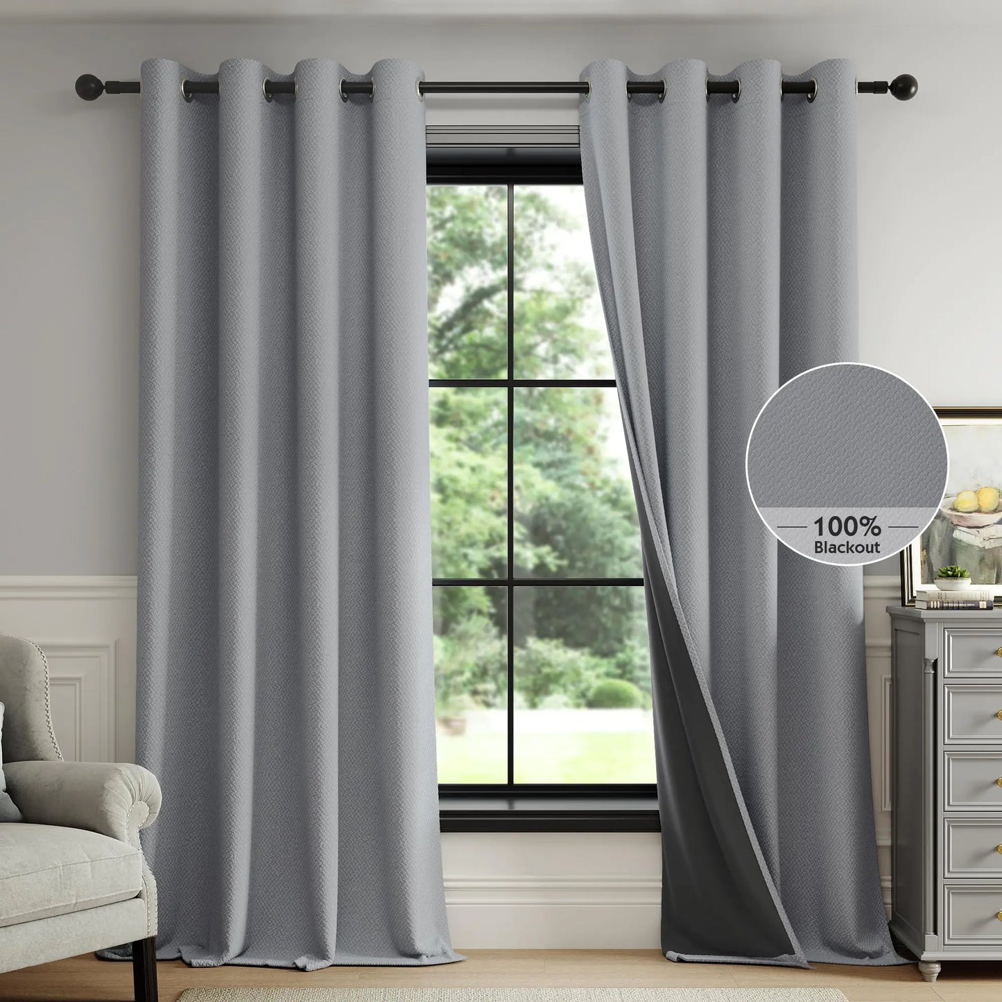 FMFUNCTEX Velux 100% Dark Grey Blackout Curtains for Living Room Curtains 63 Inches Long Linen Textured Thermal Insulated Curtains for Bedroom Black Out Drapery Grommet Room Darkening 2 Panels