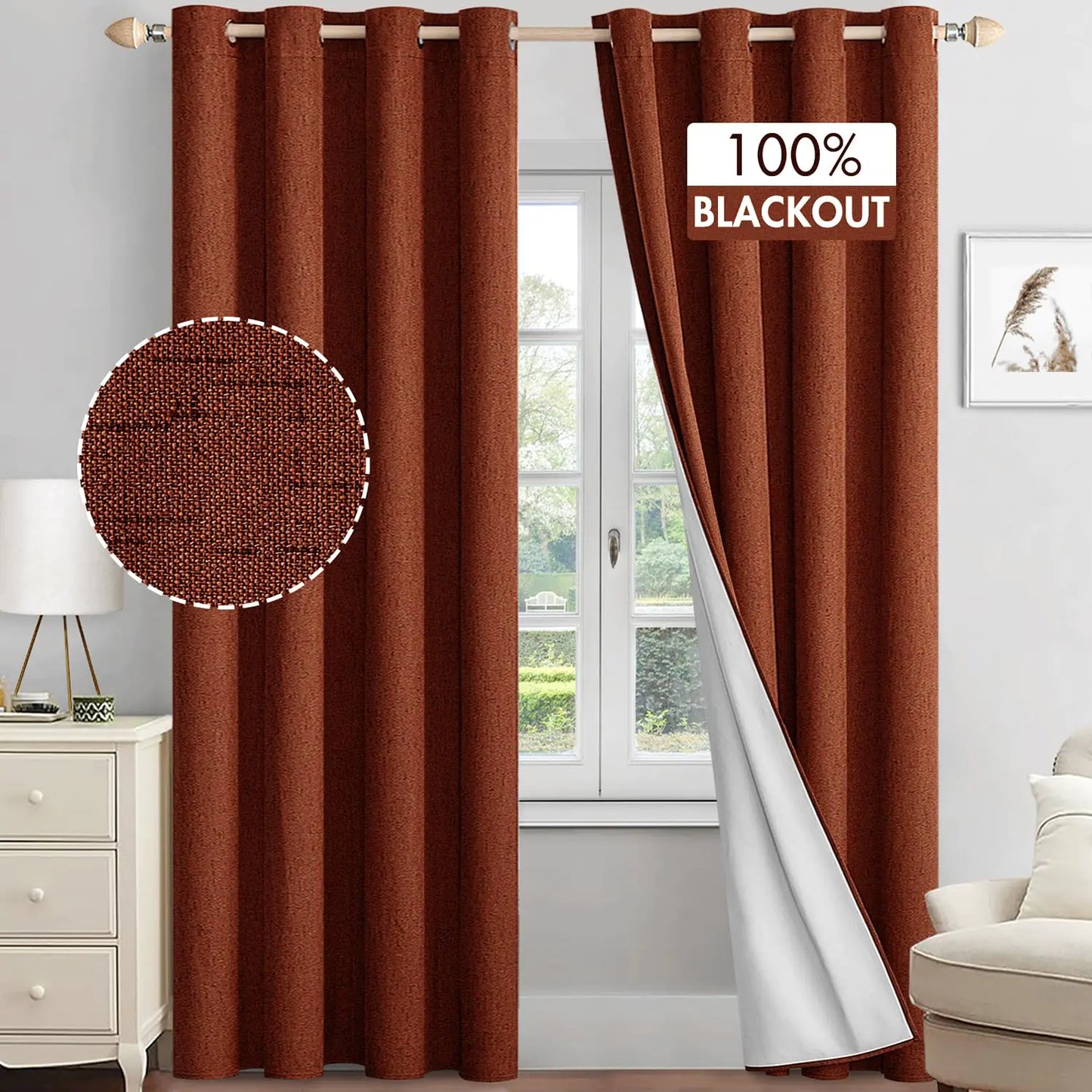 MIULEE Linen Textured 100% Blackout Curtains for Bedroom 72 Inches Long Burnt Orange Thermal Insulated Black Out Fall Curtains/Draperies with White Liner for Living Room/Nursery Grommet Top 2 Panels