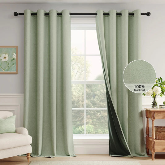 FMFUNCTEX 100% Blackout Sage Green Curtains for Bedroom/Living Room Darkening Drapes Linen Textured Curatins 84 Inches Long Farmhouse Thermal Insulated Heavy Curtain Grommet Top Black Out 2 Panels