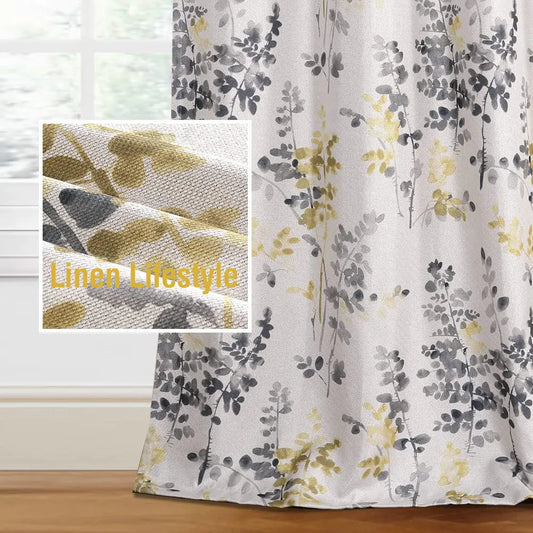 H.VERSAILTEX Linen Blackout Curtains 63 Inches Long Thermal Insulated Room Darkening Linen Curtains for Bedroom Textured Burlap Grommet Window Curtains for Living Room 2 Panels Grey and Yellow