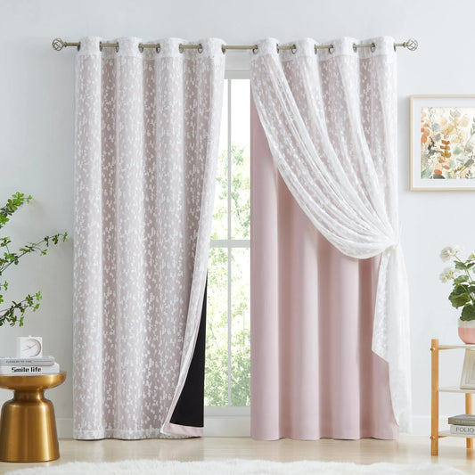 Jubilantex Pink Blackout Curtains Leaf Sheer Lace 2 Panels & 2 Full Blackout Curtains 100 Percent Room Darkening Curtains for Bedroom Living Room Grommet Top Design 52" W x 63" LPink & White