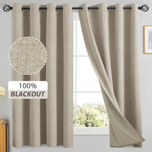 Yakamok Natural Linen Curtains 100% Blackout 63 Inches LongRoom Darkening Textured Curtains for Living Room Thermal Grommet Bedroom Curtains 2 Panels with Greyish White Liner